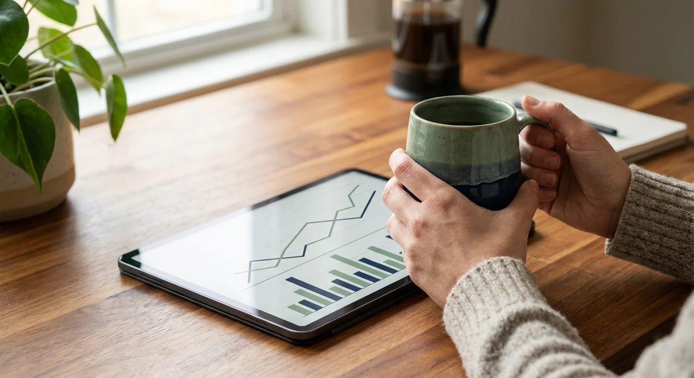 Close-up of hands holding a coffee mug over a tablet with a financial chart.