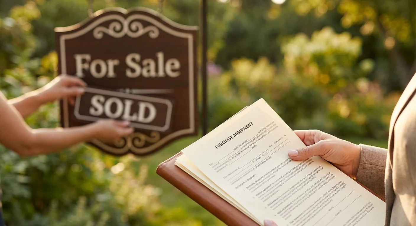 A 'Sold' sign being placed on a house, representing the success of a pre-approved buyer.
