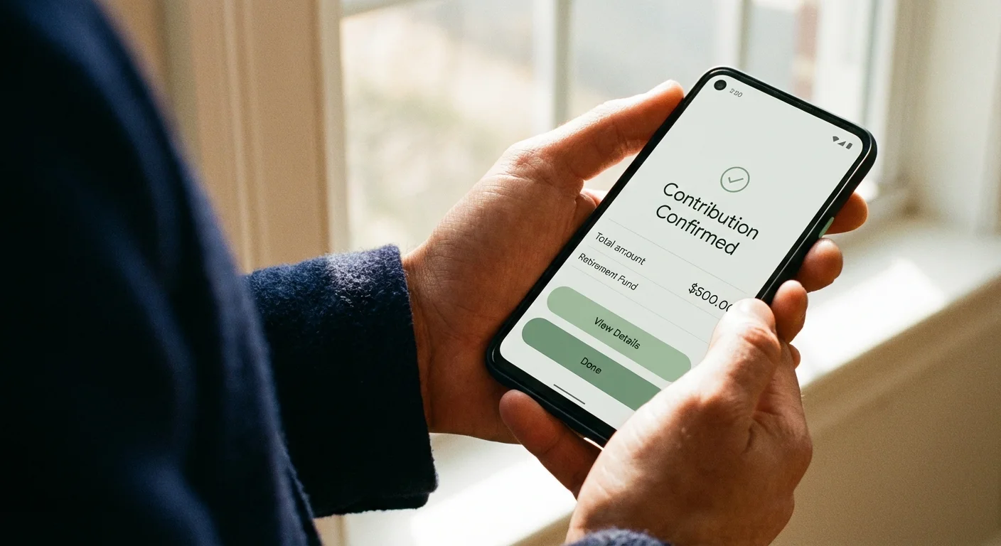Hands holding a smartphone with a banking app confirming a retirement contribution.