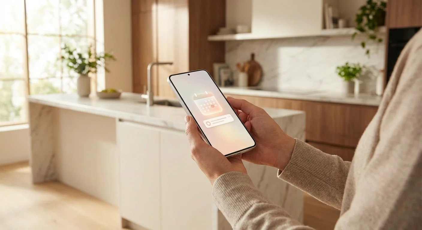 A person using a smartphone to file taxes in a modern, bright kitchen.