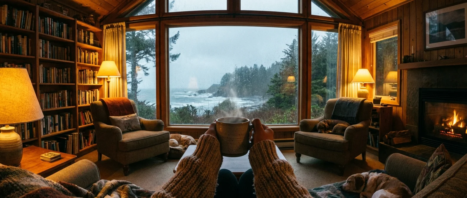 A person holding a mug and looking out a rainy window from a warm room.