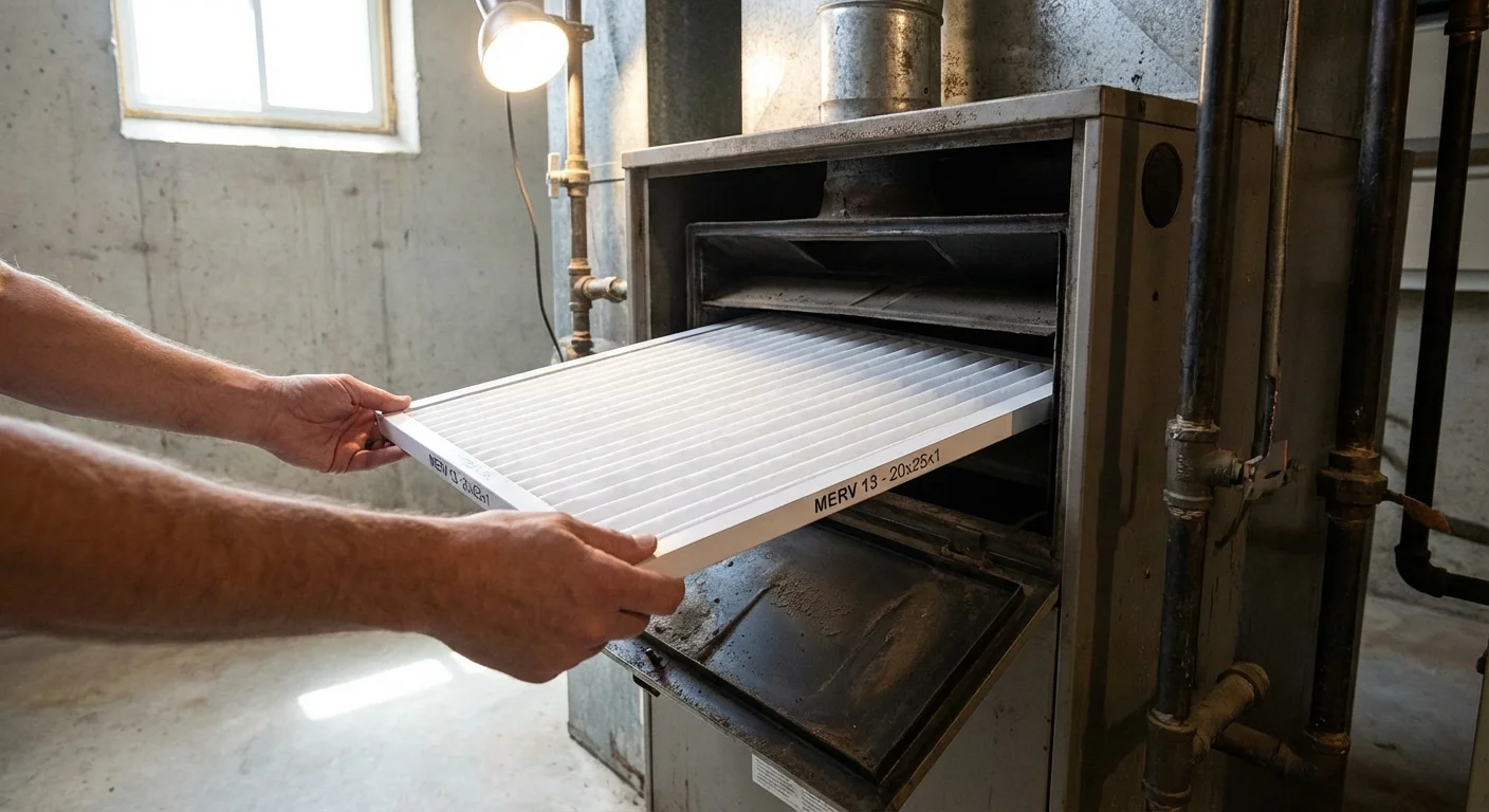 A homeowner replaces a clean air filter in a home furnace.
