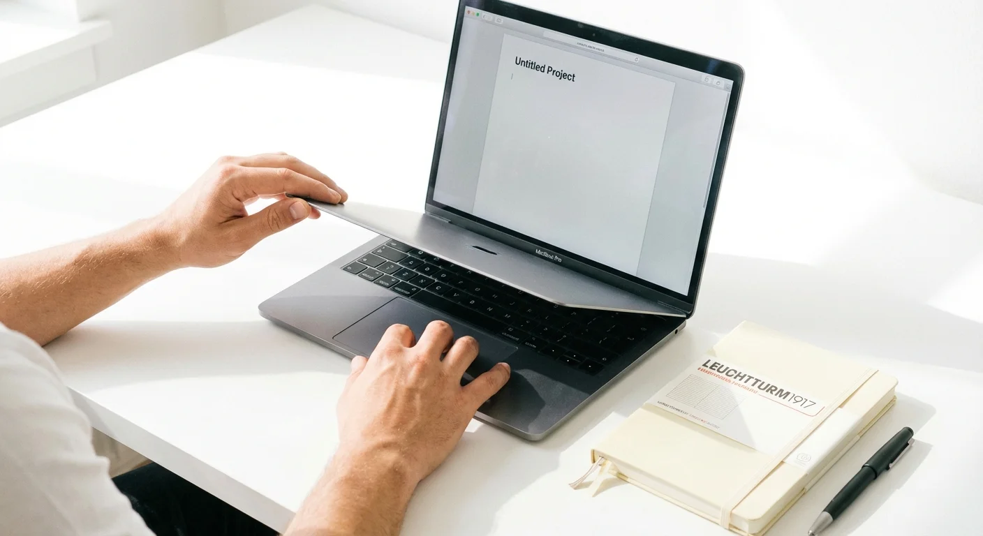 Hands opening a laptop on a clean desk with a notebook nearby.