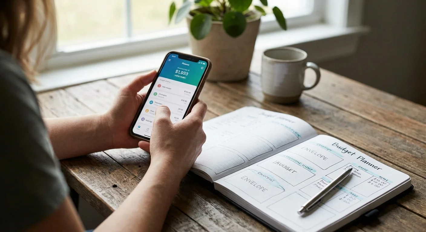 Close-up of hands holding a phone next to a financial planner on a wooden desk.