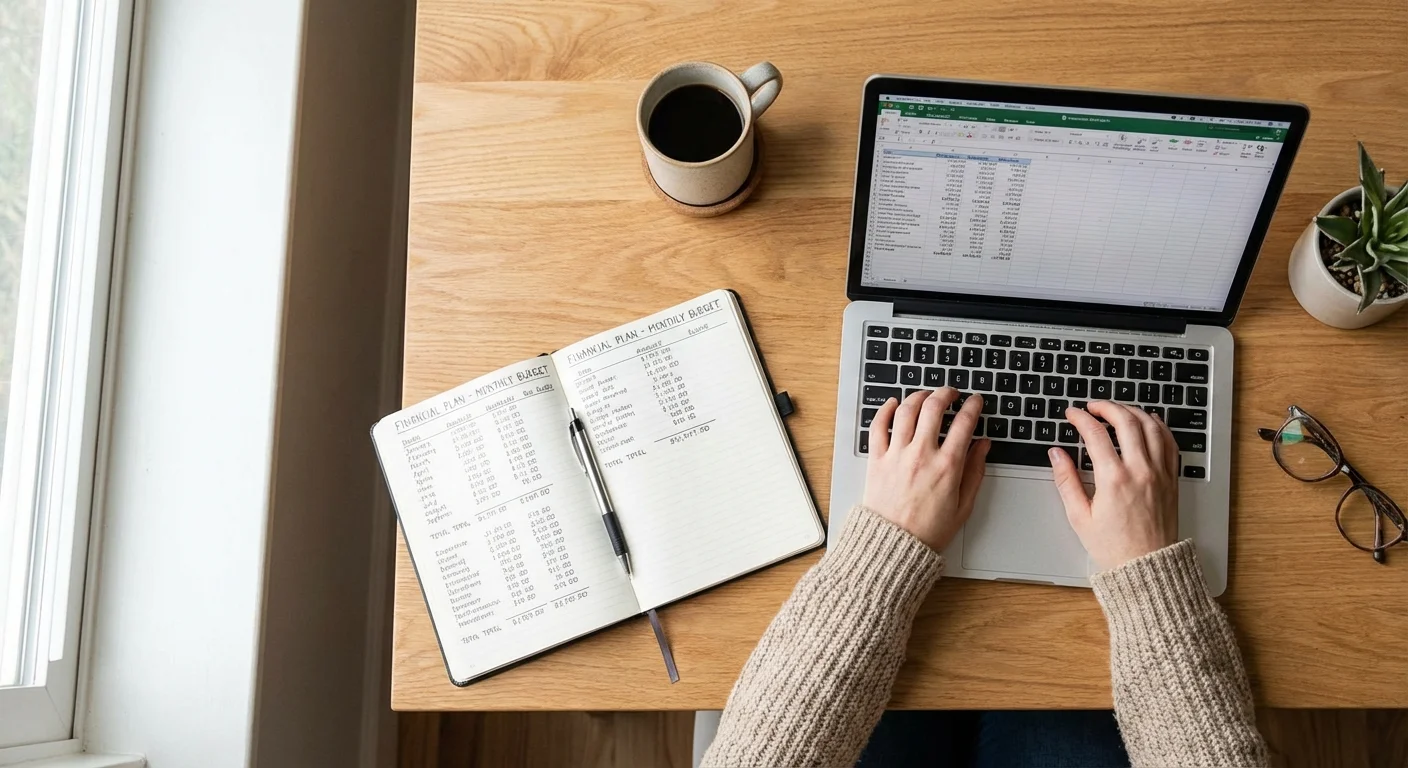 Top-down view of a clean workspace with financial notes and a laptop.