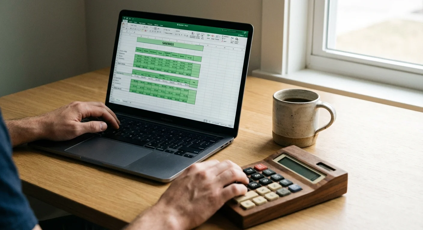 Close-up of a person calculating savings on a laptop with a coffee mug nearby.