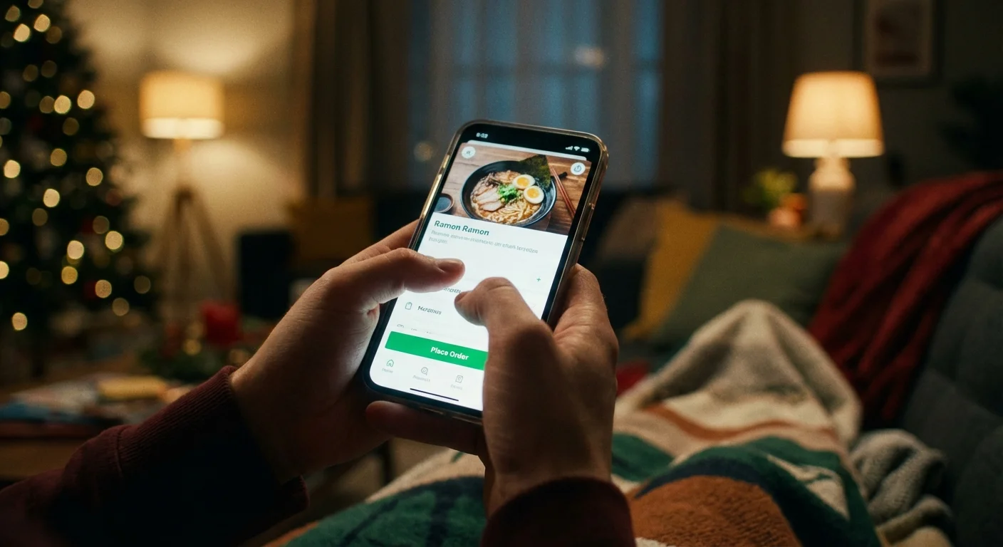 A person's thumb hovering over a food delivery app order button on a smartphone.