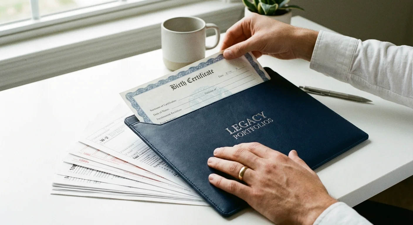 Close-up of hands organizing official documents into a folder on a clean desk.