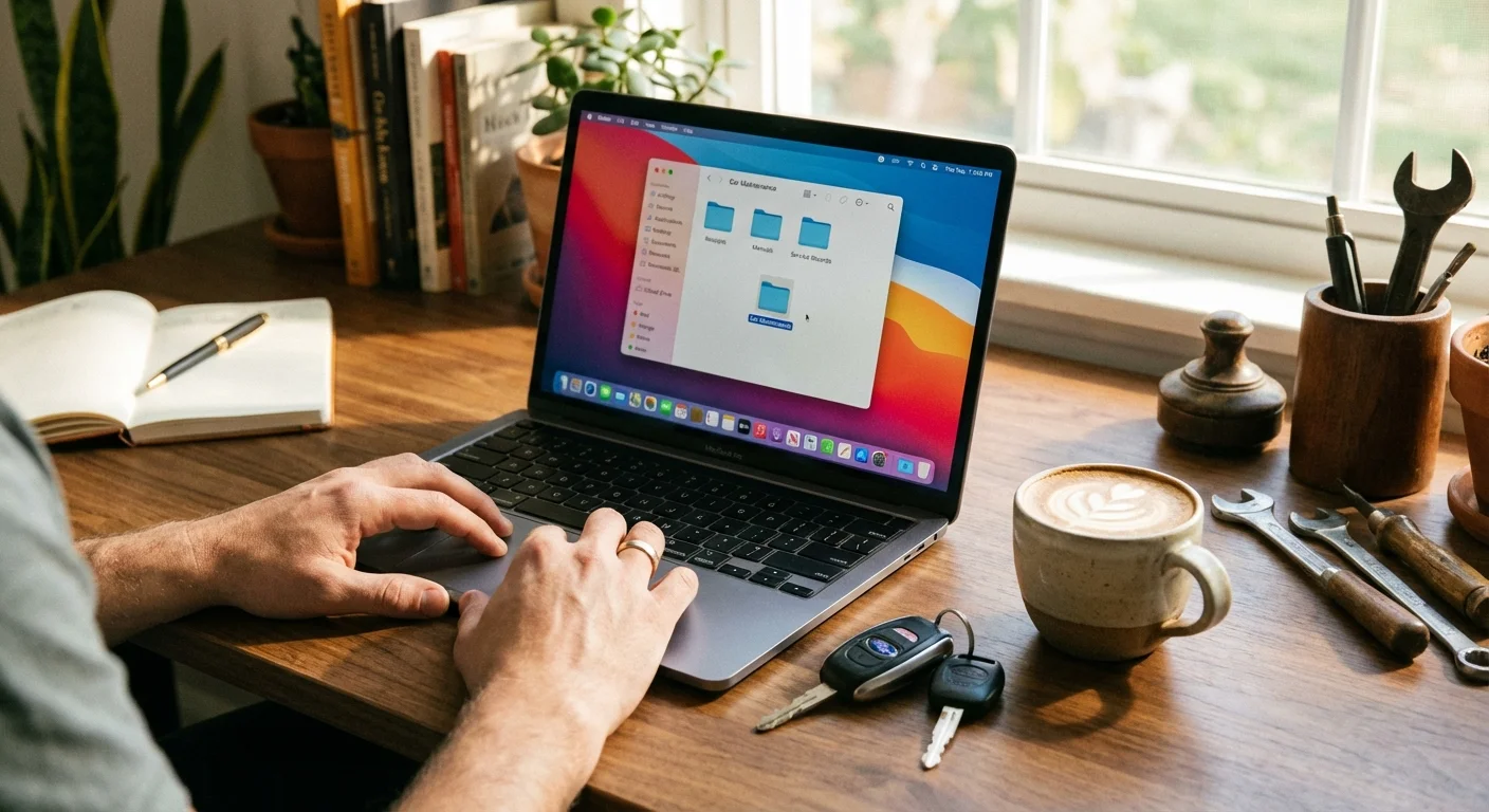 Hands using a laptop to organize car maintenance savings in a bright home office.