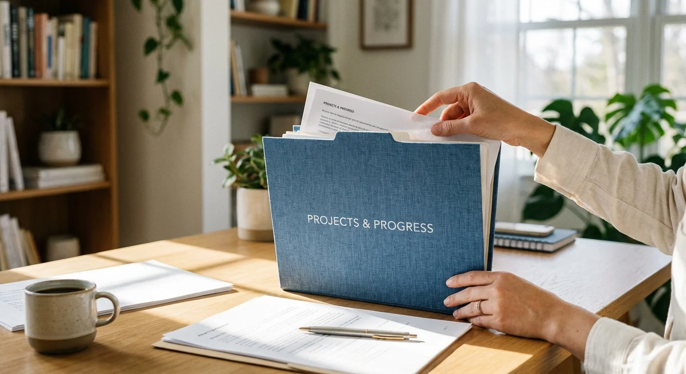 Close-up of hands organizing application documents into a folder on a bright desk.