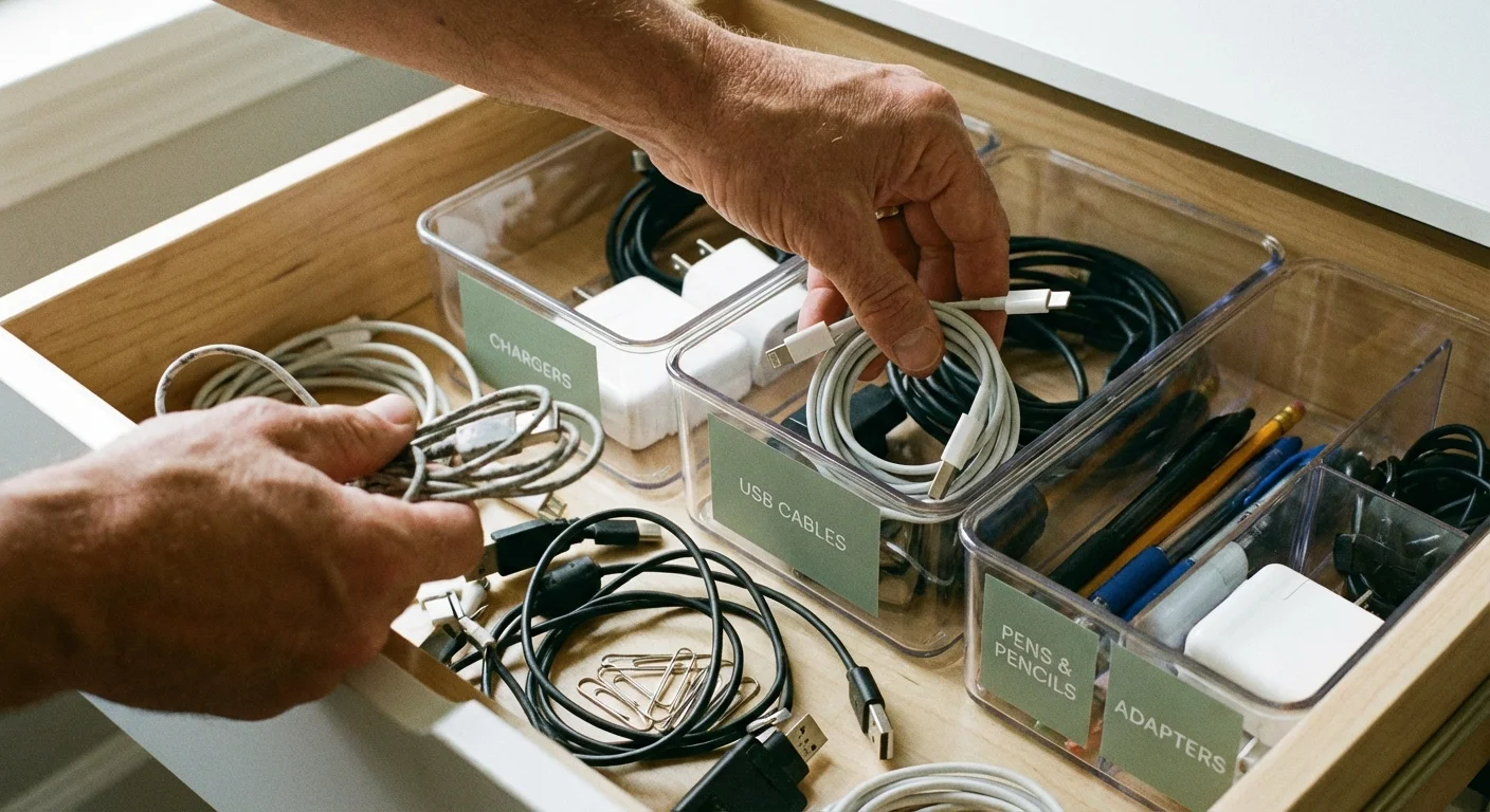 Hands organizing office supplies and cables into neat storage bins.