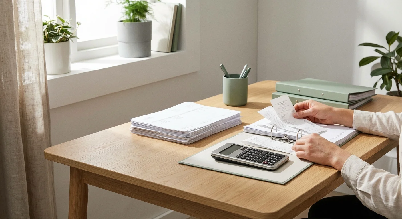 Close-up of hands organizing papers and a calculator on a sunlit wooden desk.