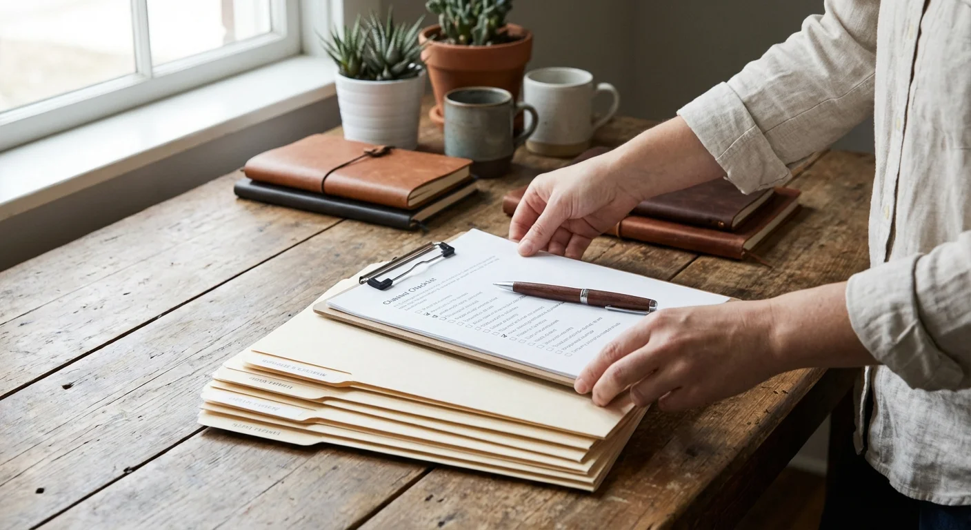Top-down view of hands organizing folders and a checklist on a wooden desk.