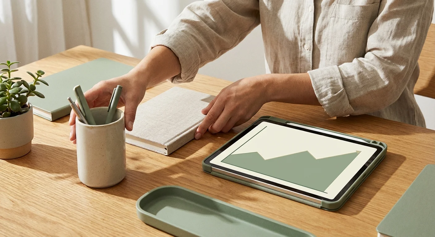 Hands organizing a desk with a tablet showing a growth chart, symbolizing financial planning.