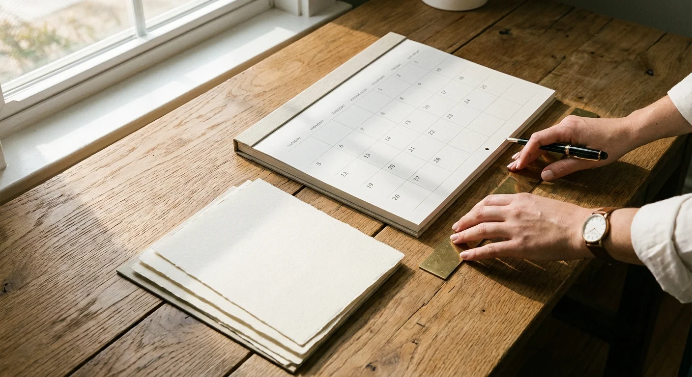 Hands organizing a calendar and documents on a wooden desk.