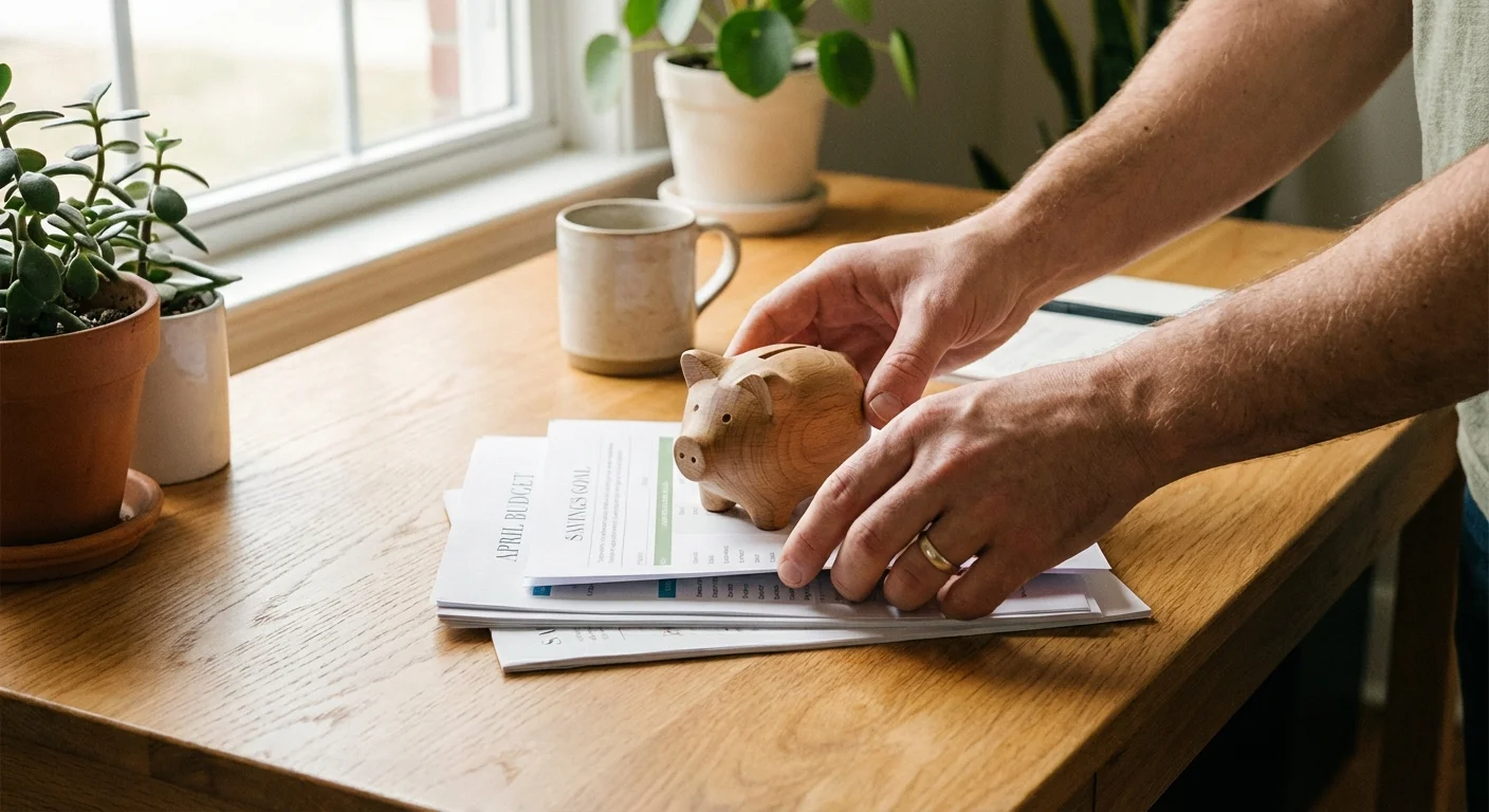 Close-up of hands organizing financial documents and a wooden piggy bank on a desk.