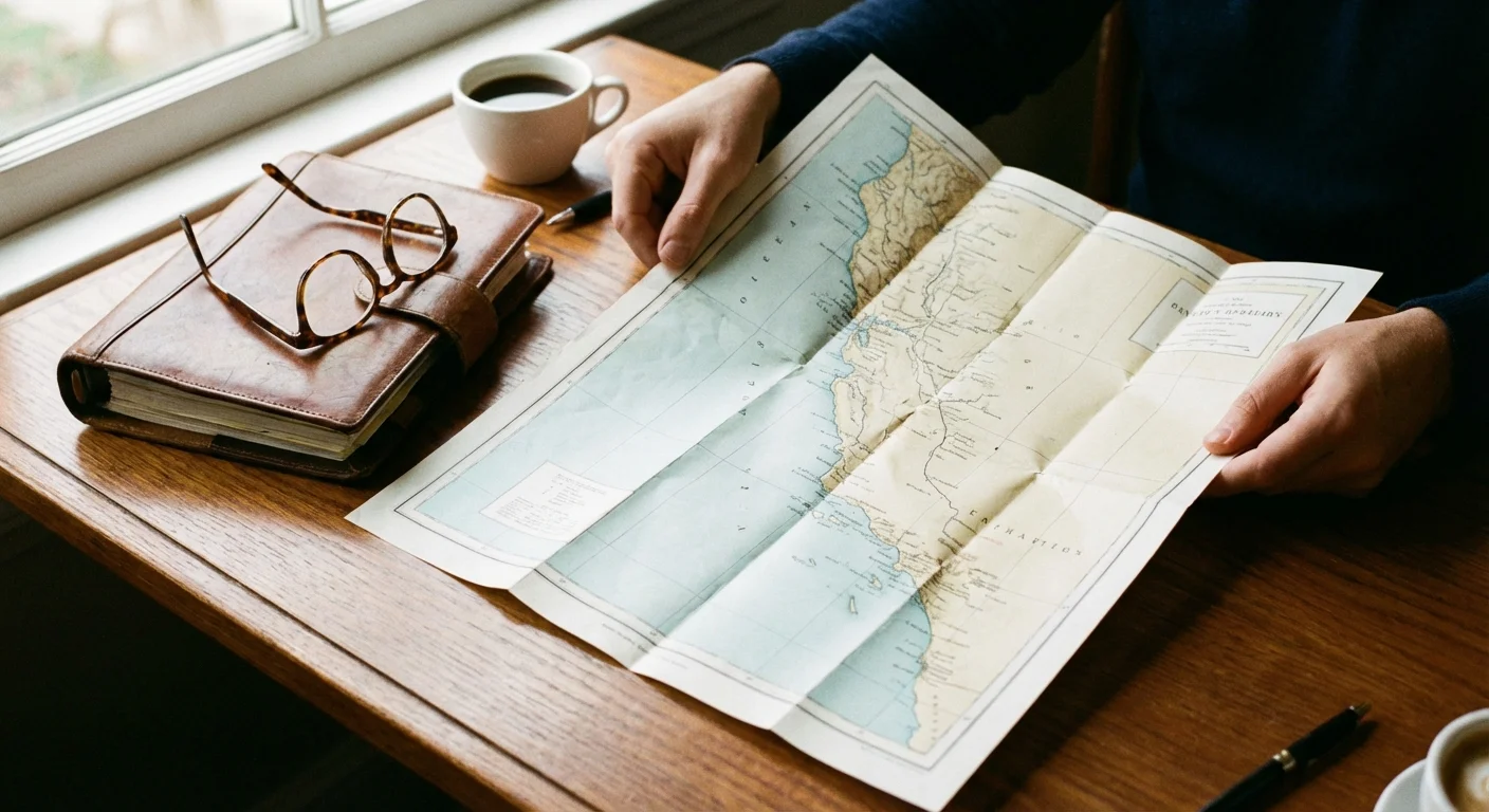 Hands unfolding a map next to a planner on a wooden table, symbolizing a financial roadmap.