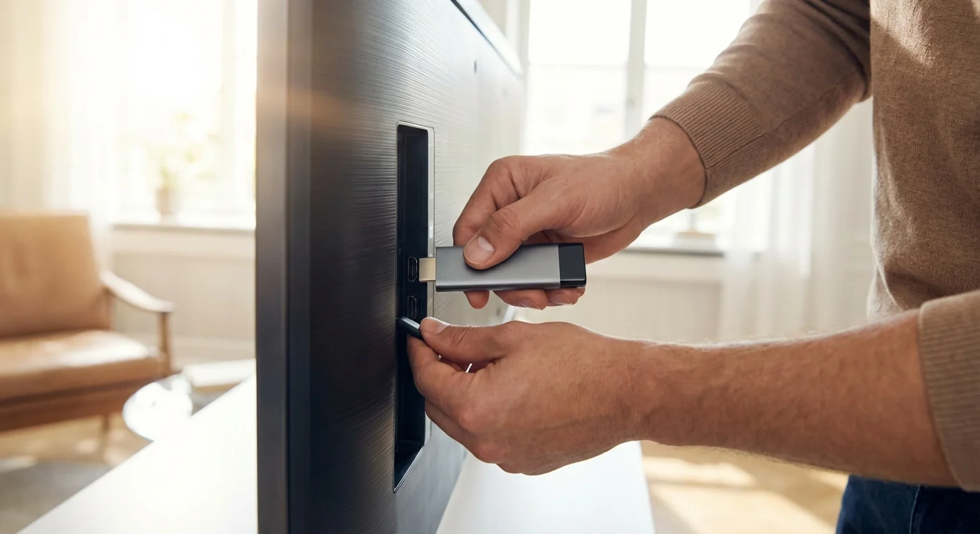 Hands plugging a streaming stick into a TV, showing how easy it is to set up.
