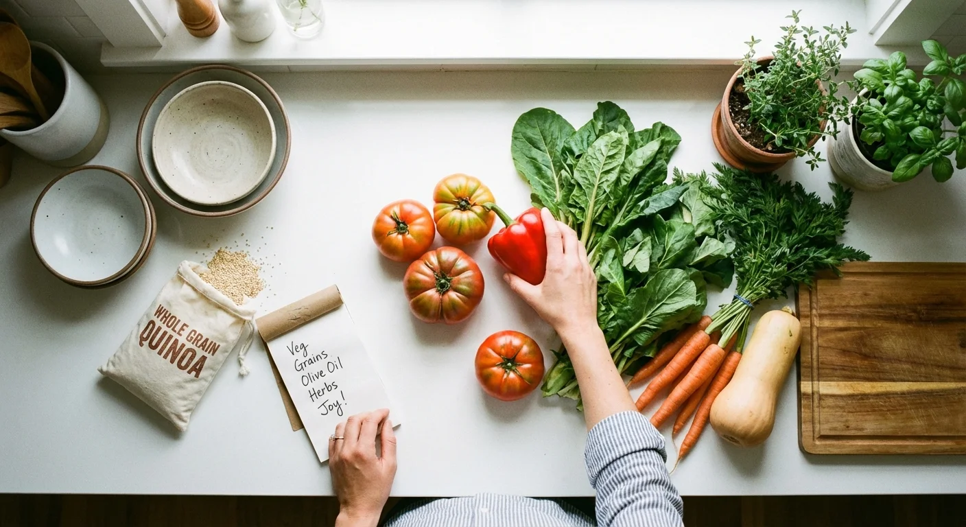 Fresh vegetables and a handwritten grocery list on a clean kitchen counter.