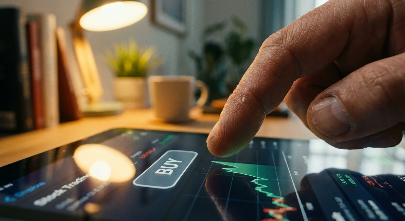 A close-up of a finger about to tap a screen to execute a trade.