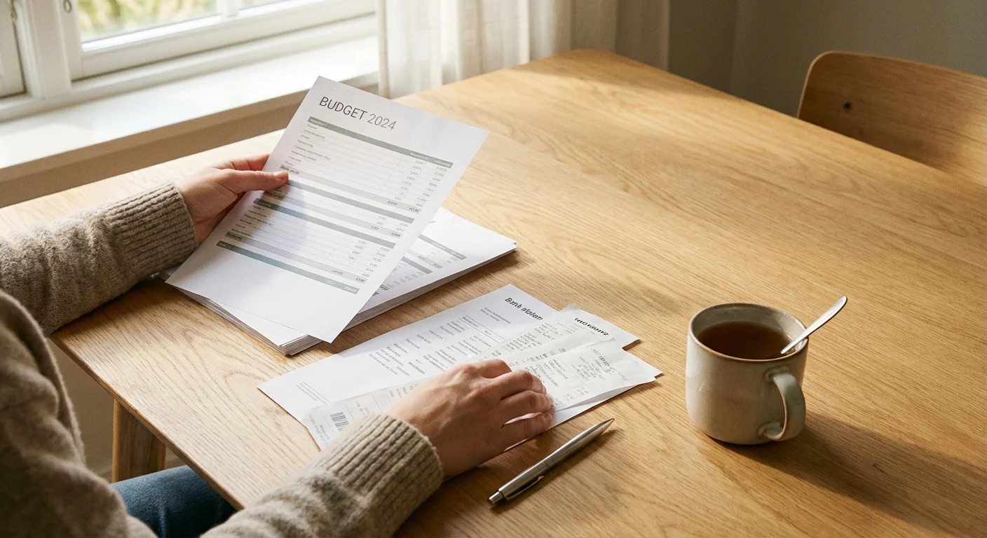 Close-up of hands organizing financial documents on a wooden table with a cup of tea.