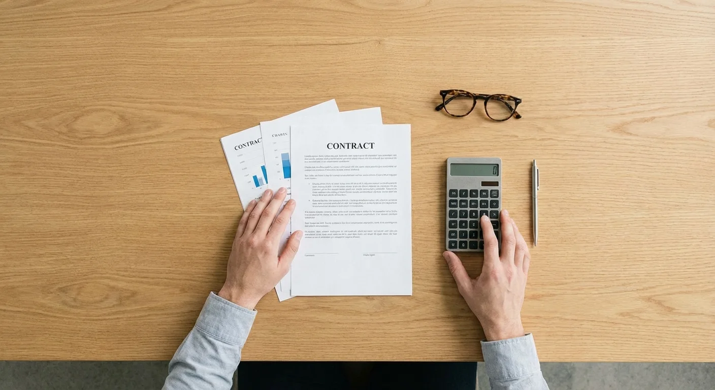 A top-down view of hands organizing financial papers and a calculator on a wooden table.