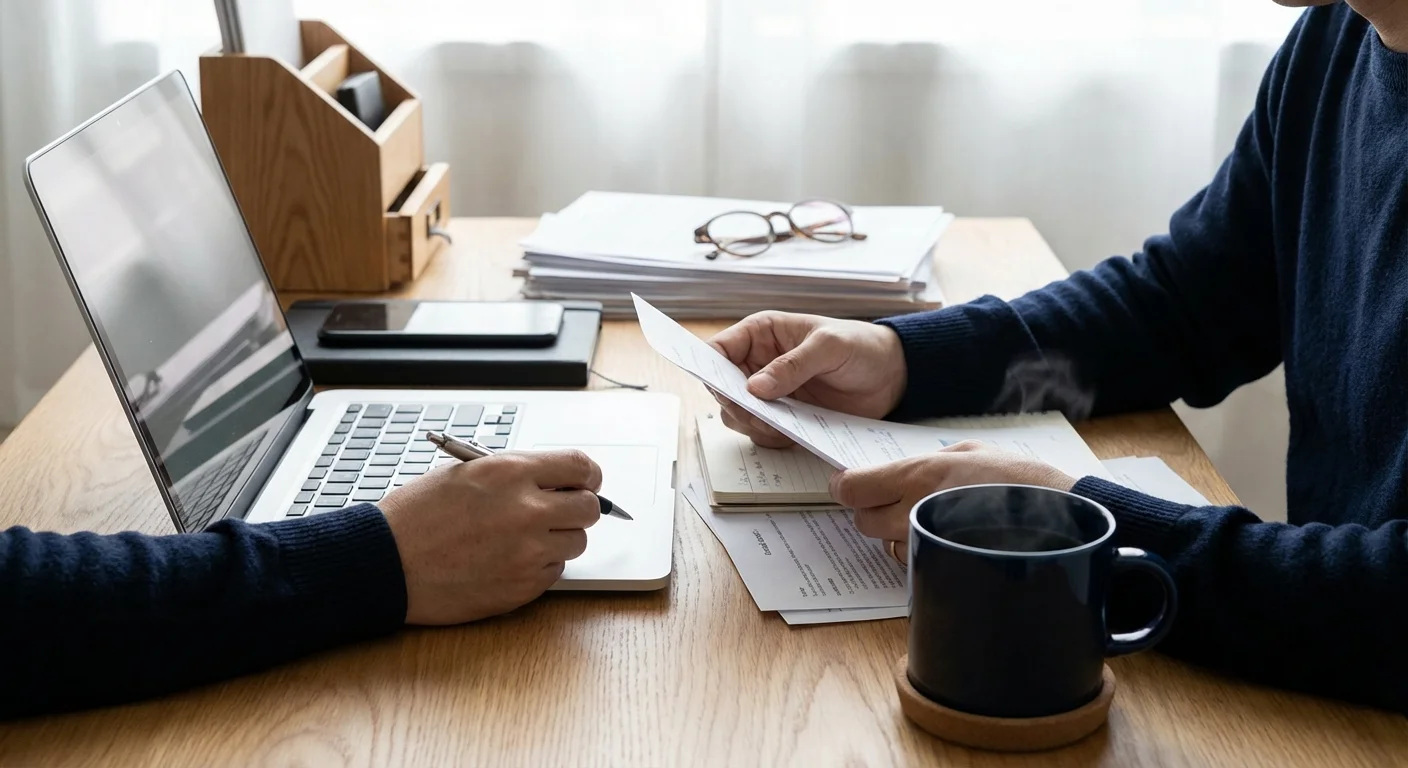 A person carefully reviewing financial documents in a calm home setting.