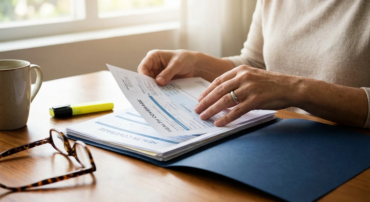 Hands neatly organizing medical documents and bills into a blue folder.