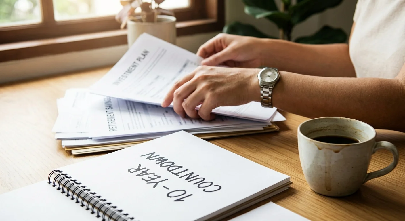 Close-up of hands organizing financial paperwork and a calendar on a wooden desk.