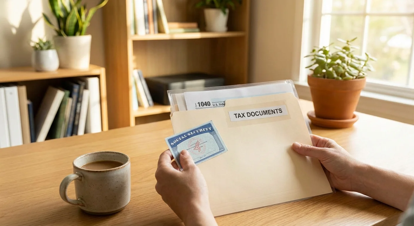 Close-up of a person organizing their identification and tax documents at a desk.