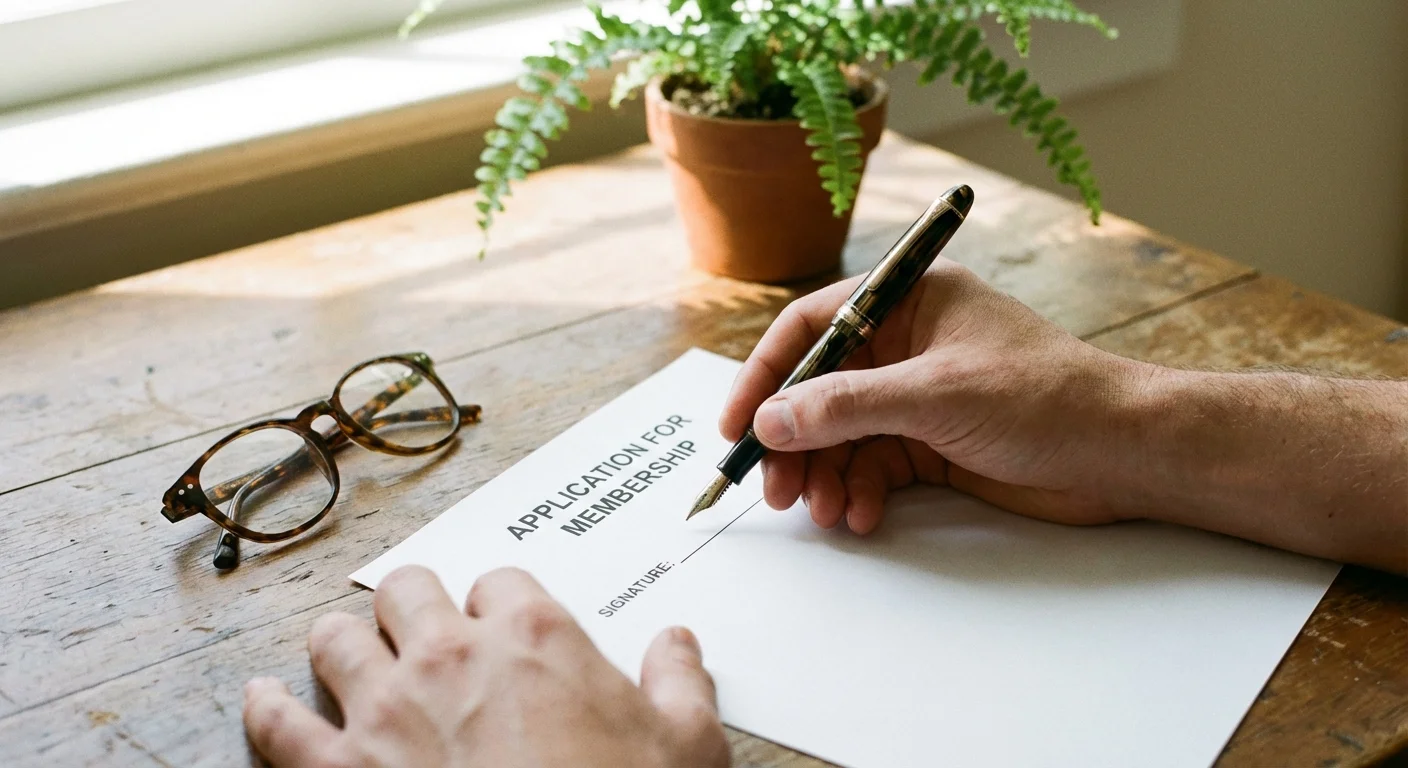 Close-up of a person about to sign an application form on a wooden desk.