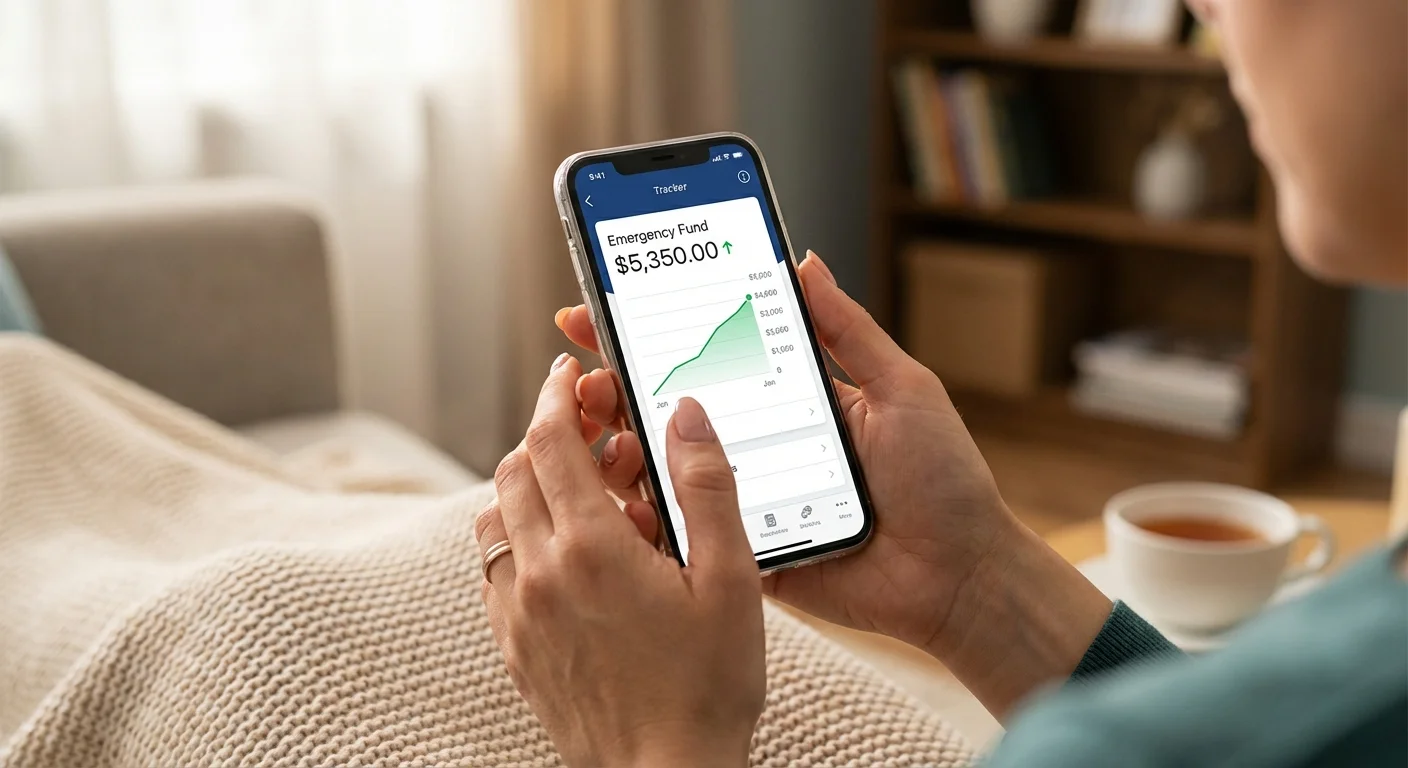 Close-up of hands holding a phone showing a savings account balance in a warm, cozy room.