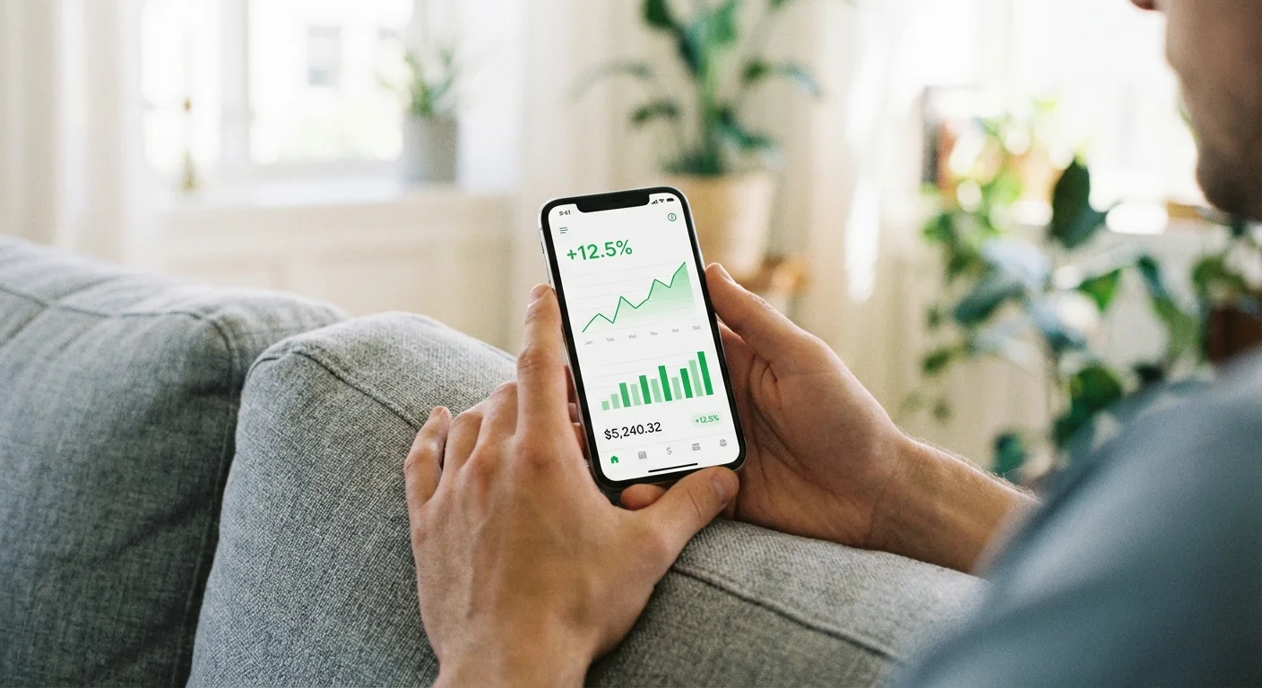 A person checking a high-yield savings account on their smartphone at home.