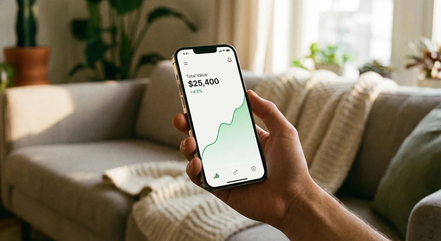 A hand holding a smartphone showing a simple, clean investment app interface.