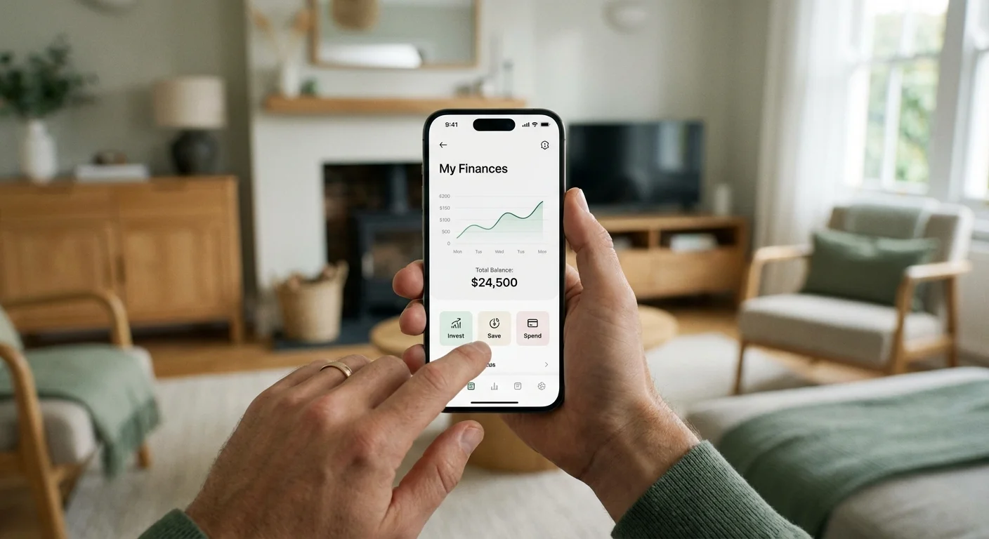 A hand holding a smartphone with a finance app, ready to start investing.
