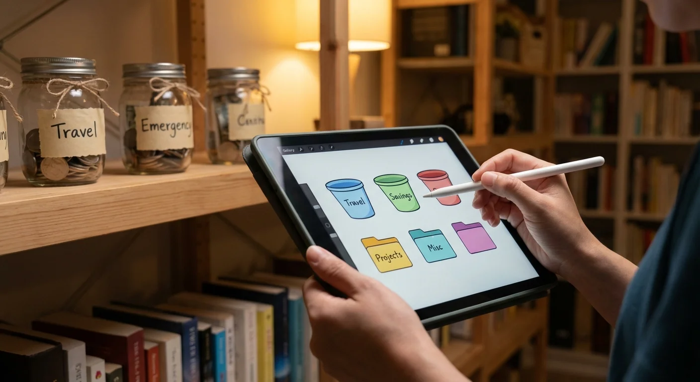 A person organizing financial goals on a tablet with blurred savings jars in the background.