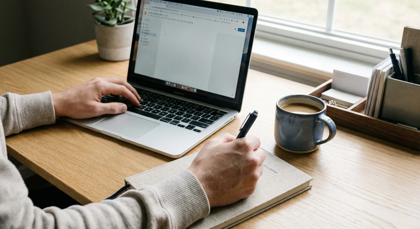 A focused individual working with a laptop and notepad in a clean, bright home office.
