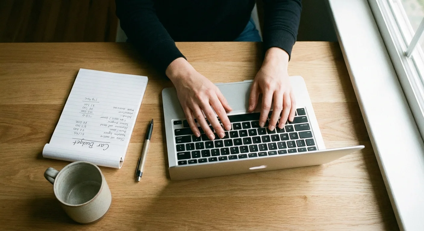 Top-down view of hands typing on a laptop next to a notepad labeled Car Budget.