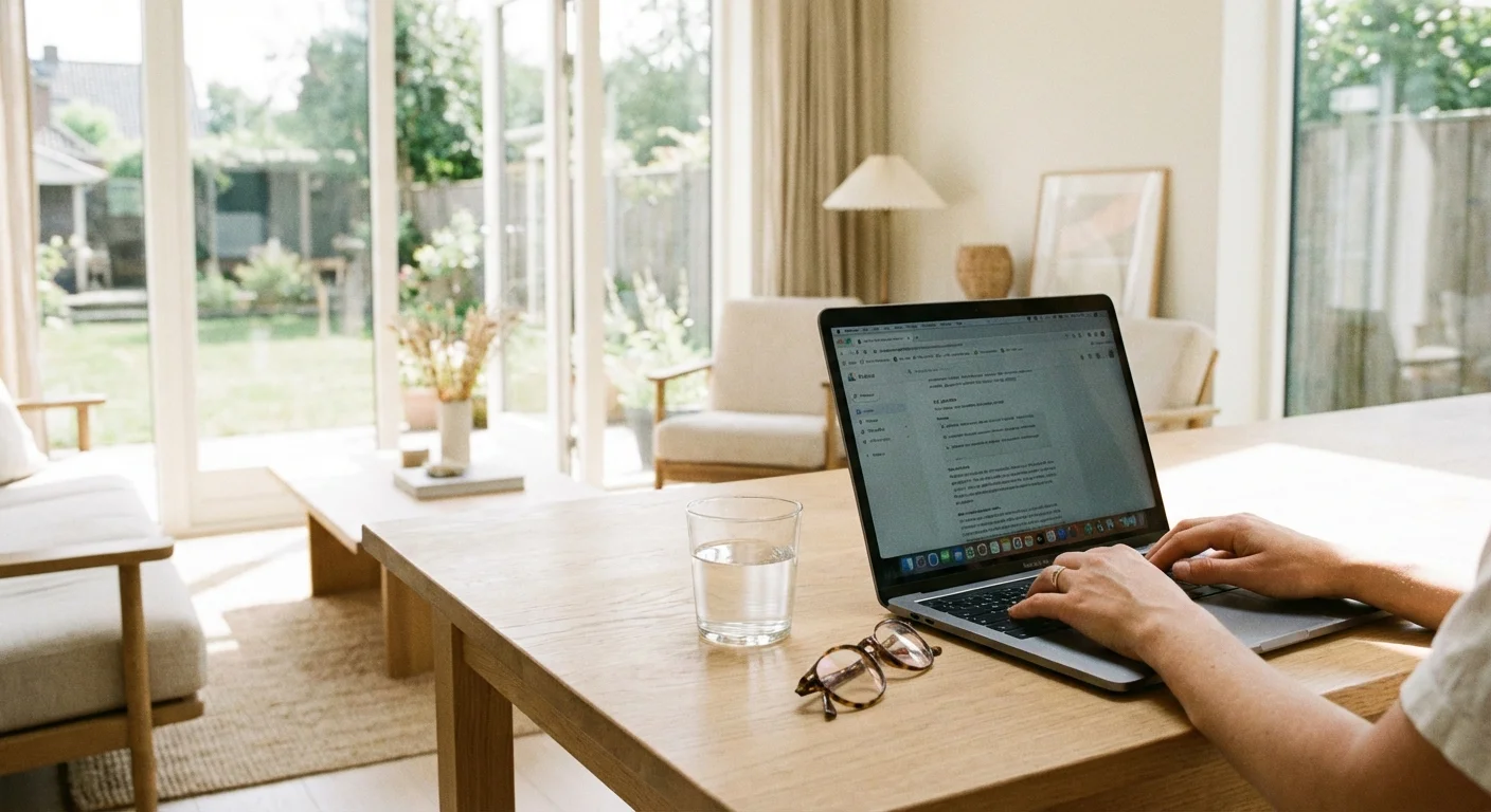 Hands typing on a laptop in a bright, clean environment.
