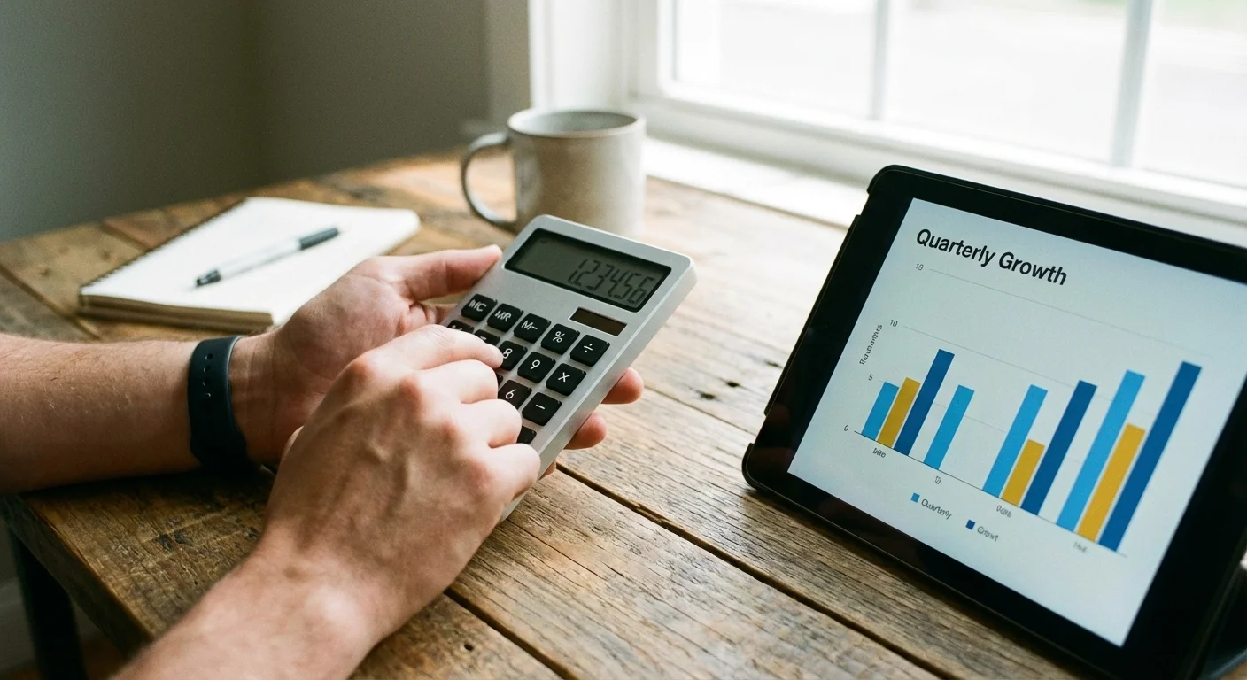Close-up of a person using a calculator and tablet to compare financial data.