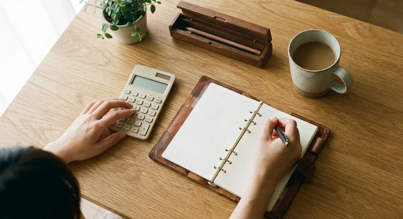 Top-down view of hands calculating a budget in a planner on a wooden desk.