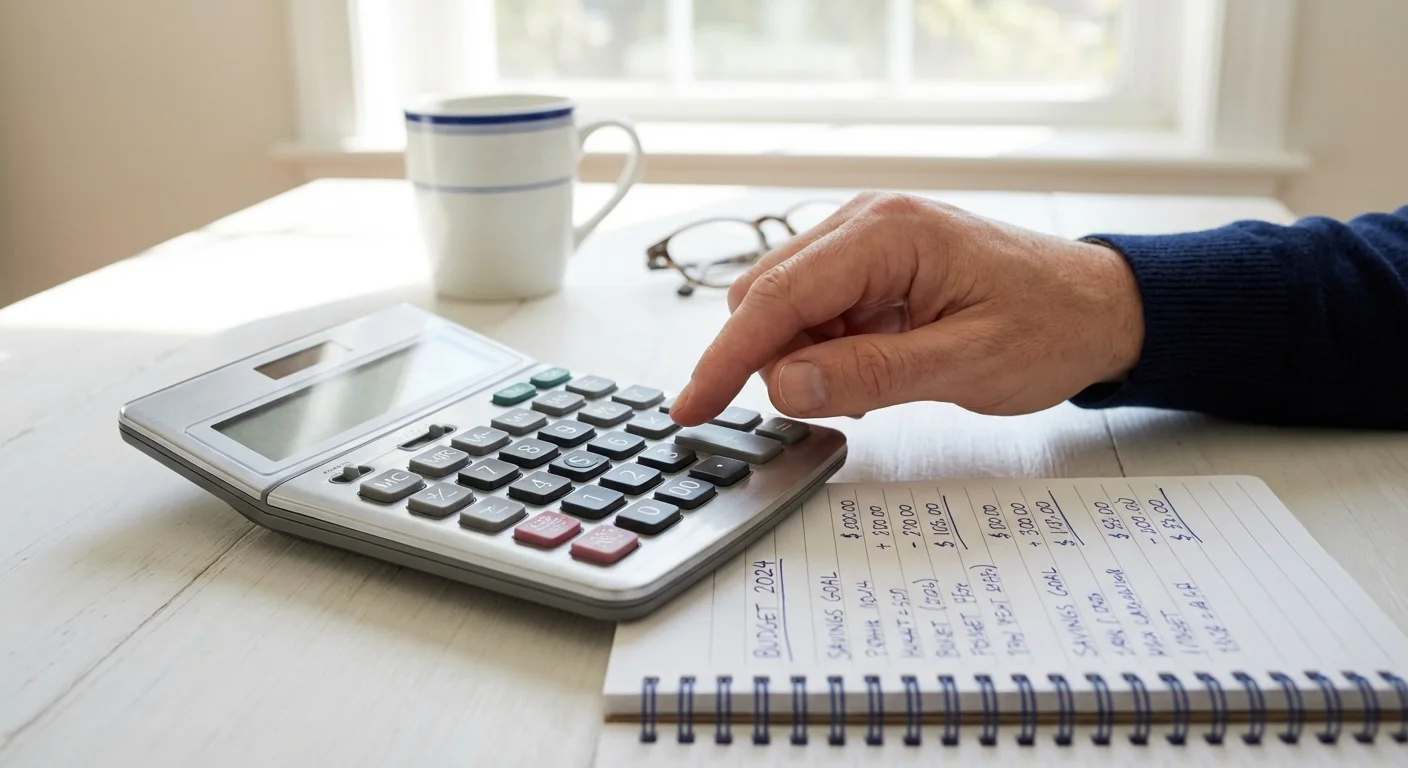 Hands using a calculator next to a notebook, representing financial calculations.