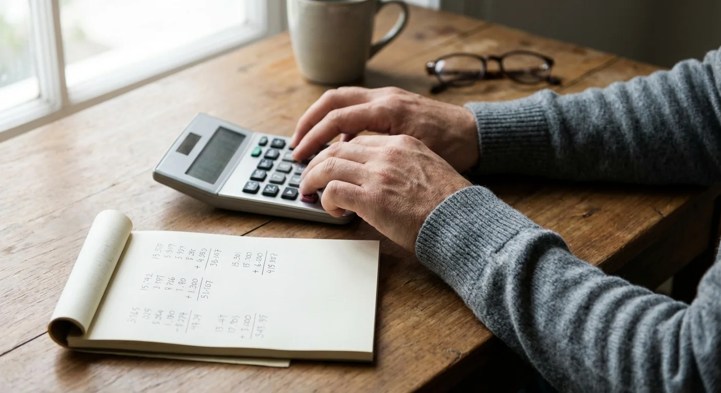 Close-up of a calculator and a notepad with figures on a wooden desk.