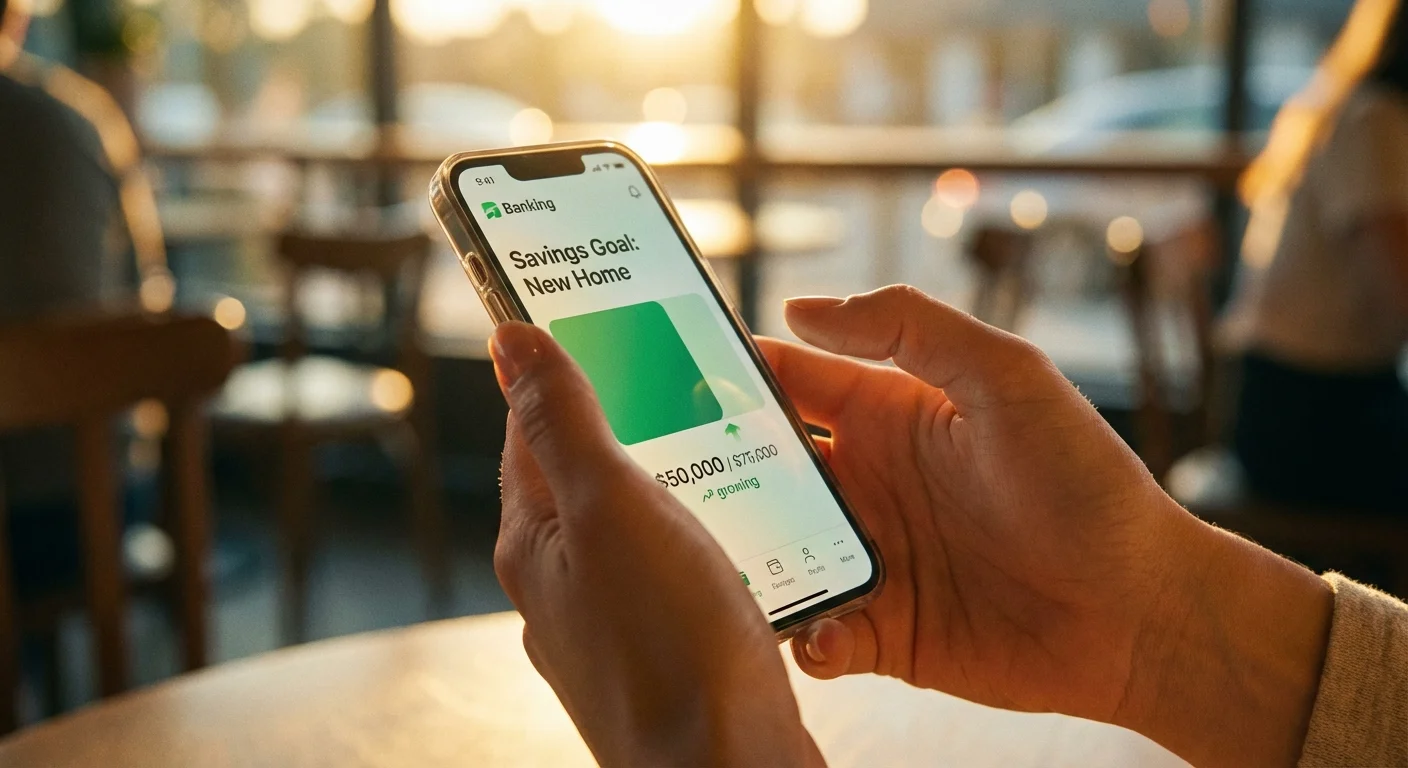 Close-up of a person checking a savings goal on their phone with warm, positive lighting.