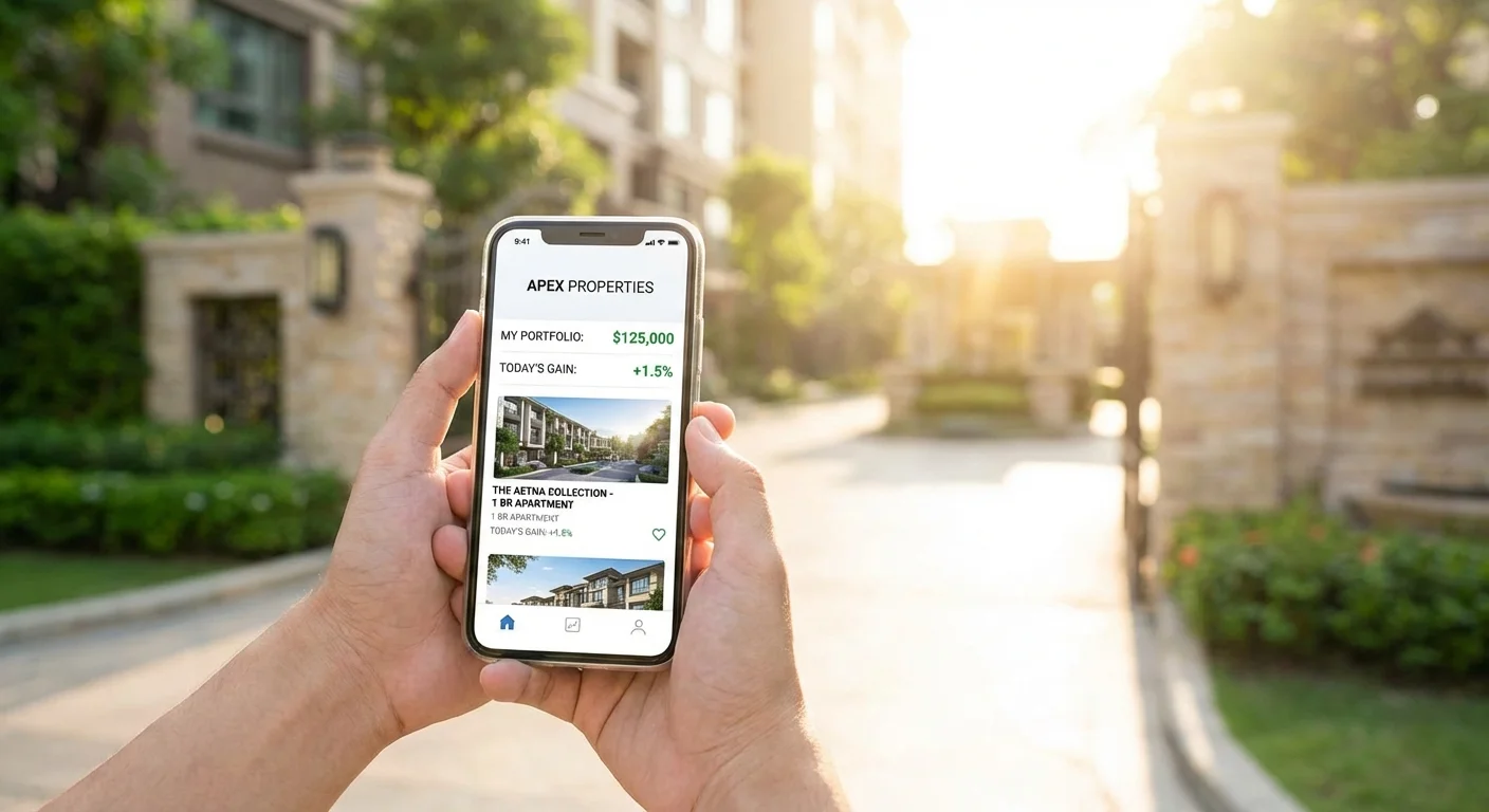 A person holding a phone with a real estate app in front of an apartment building.