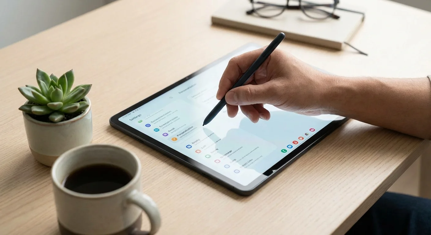 Close-up of a tablet screen being edited with a stylus on a clean desk.