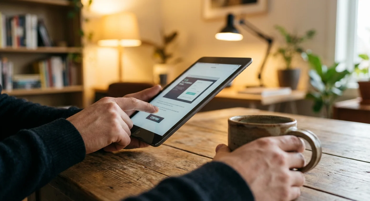 Close-up of hands using a tablet in a cozy home setting, representing the moment of financial decision-making.