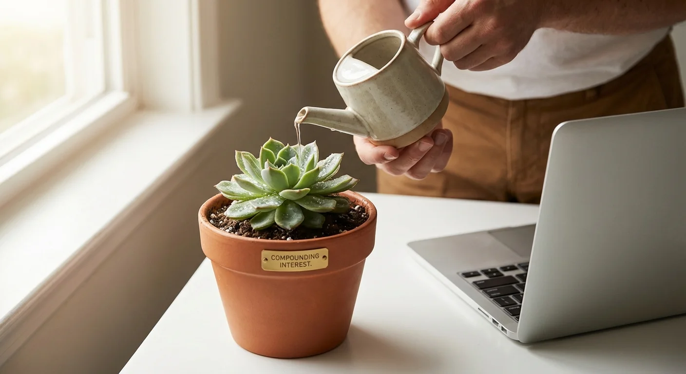Close-up of hands watering a small plant on a desk, symbolizing the growth of savings.