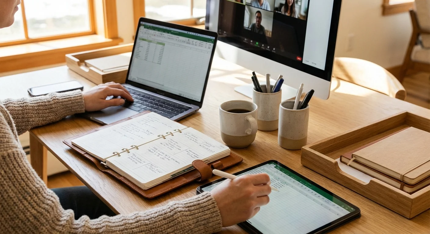 A professional managing multiple tasks at a desk, symbolizing the dual contribution power of the Solo 401(k).