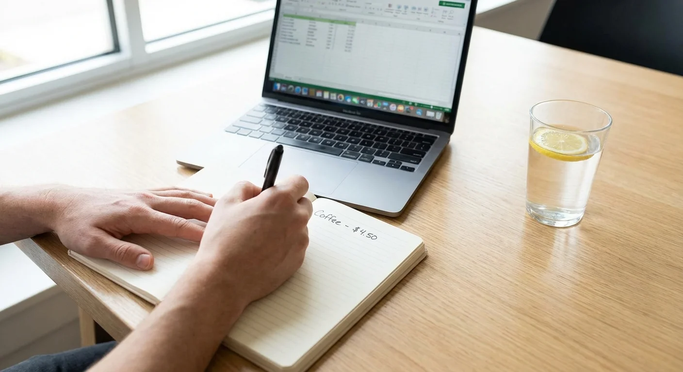 Hands writing a budget list in a notebook next to a laptop.